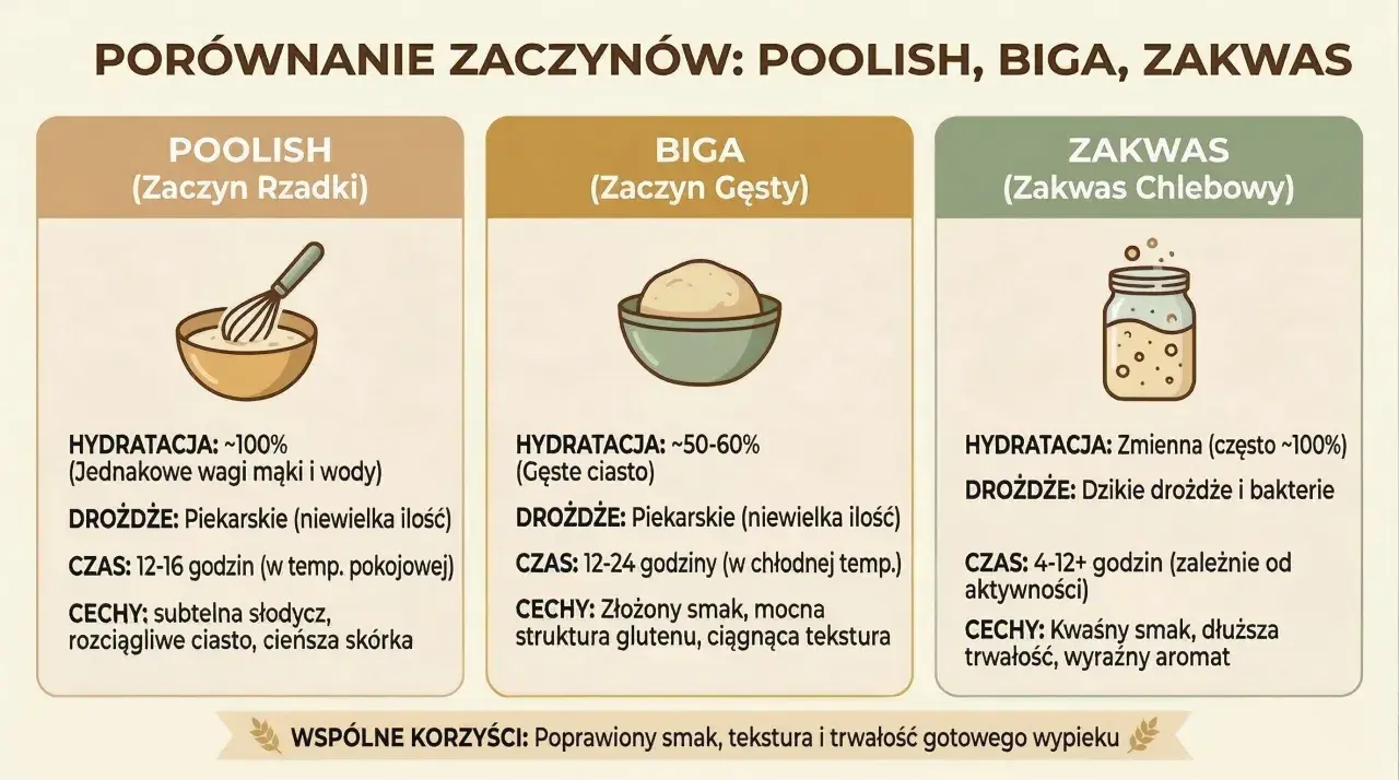 Porównanie zaczynów: poolish, biga, zakwas. Czy można mieszać mąki? Dowiedz się o różnicach w hydratacji, drożdżach, czasie i cechach.