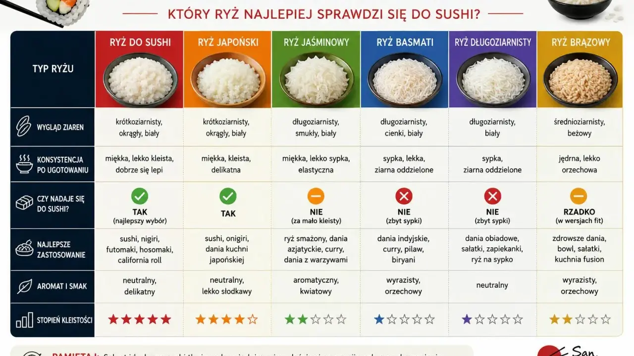 Porównanie ryżu do sushi: krótkoziarnisty, biały, kleisty - idealny wybór. Inne rodzaje ryżu do sushi, jak jaśminowy czy basmati, nie nadają się.