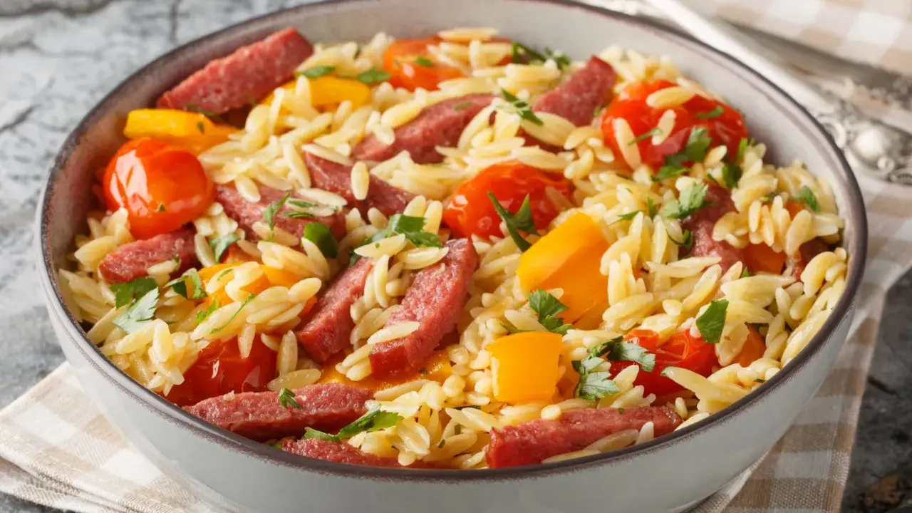 Pyszny makaron orzo jak gotować: z kiełbasą, pomidorkami i papryką. Idealny pomysł na szybki obiad.