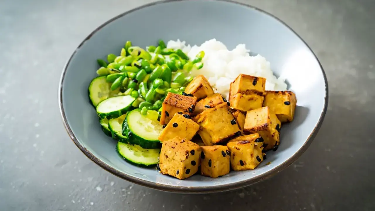 Misternie pokrojone kostki tofu, które nie zawierają glutenu, podane z ryżem, ogórkiem i zielonym groszkiem.
