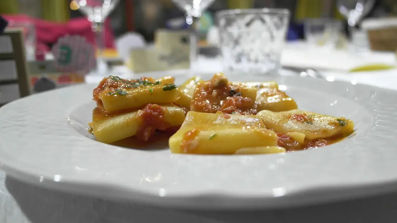 Pyszny makaron paccheri w sosie pomidorowym, podany na białym talerzu.