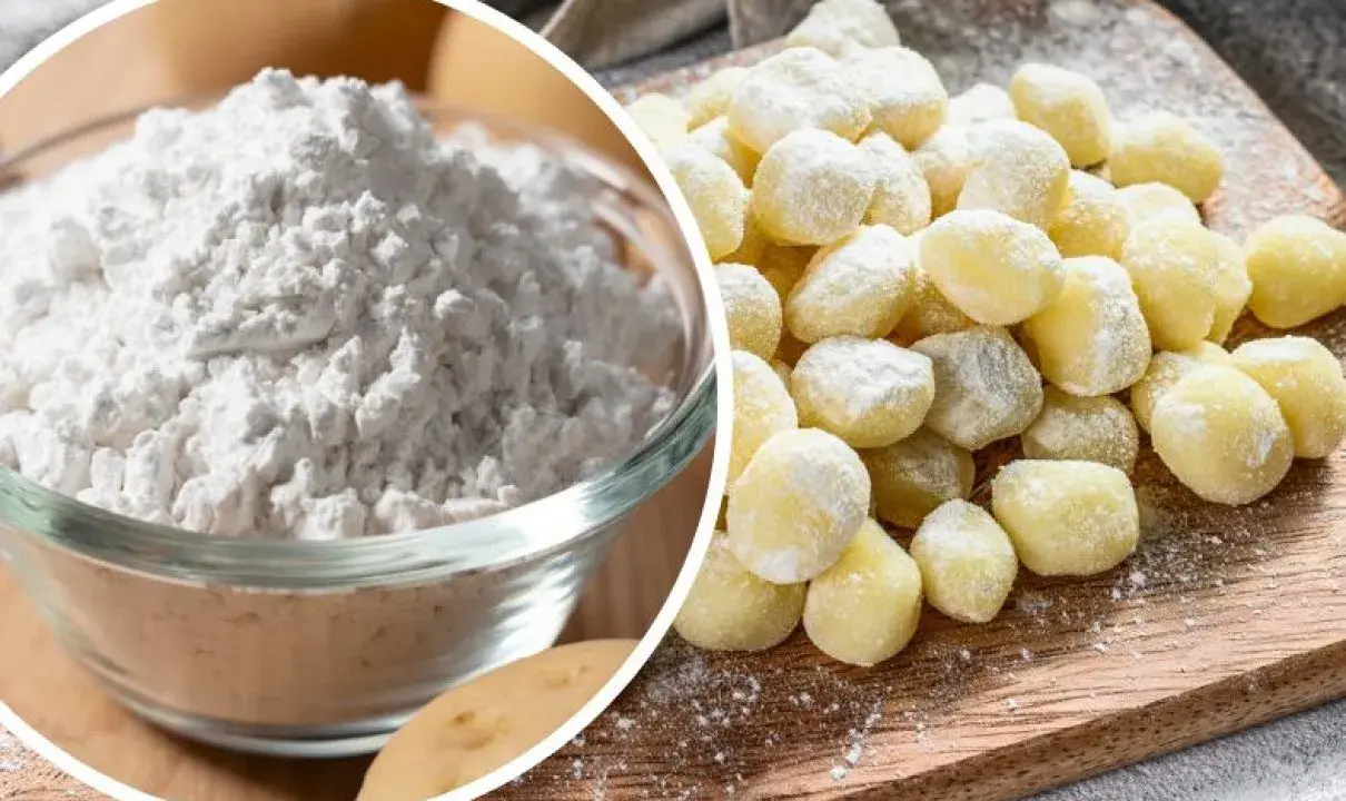 Mąka ziemniaczana w misce i gotowe kluski. Czy mąka ziemniaczana ma gluten? Nie, jest bezglutenowa.