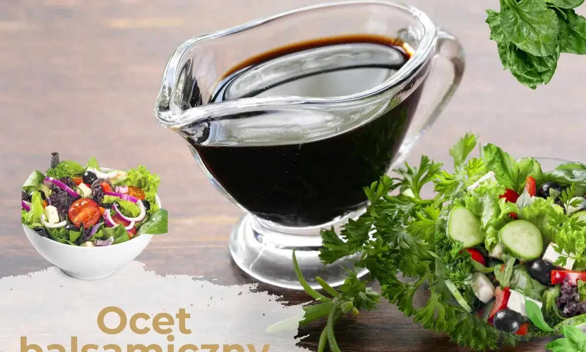 Gęsty ocet balsamiczny w sosjerce, obok sałatek i ziół. Dowiedz się, jak zrobić gęsty ocet balsamiczny.