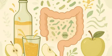 Ocet jabłkowy, jabłka i jelita. Czy można pić ocet jabłkowy codziennie dla zdrowia jelit? Grafika sugeruje korzyści dla mikrobioty.