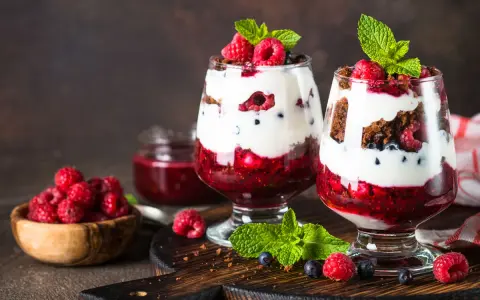 Pyszne fit desery bez pieczenia z malinami, borówkami i bitą śmietaną w szklanych pucharkach.