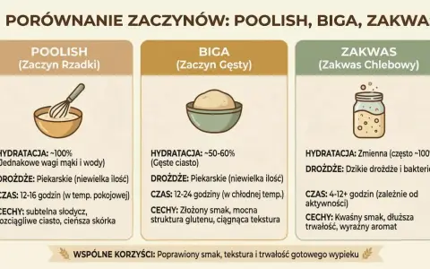 Porównanie zaczynów: poolish, biga, zakwas. Czy można mieszać mąki? Dowiedz się o różnicach w hydratacji, drożdżach, czasie i cechach.