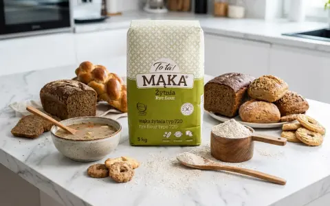Mąka żytnia wartości odżywcze. Obok worka mąki żytniej typ 720 leżą bochenki chleba, bułeczki, ciasteczka, miska z zupą i drewniana miarka z mąką.