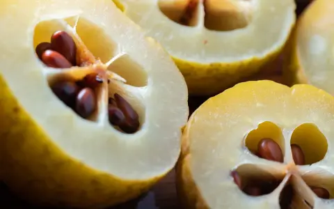 Przekrojone pigwy z brązowymi pestkami. Choć pigwa ma wiele zalet, warto pamiętać o potencjalnych skutkach ubocznych, np. pestki zawierają cyjanek.