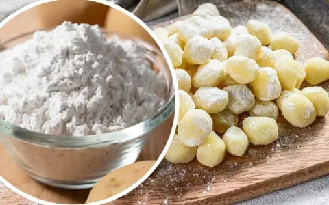Mąka ziemniaczana w misce i gotowe kluski. Czy mąka ziemniaczana ma gluten? Nie, jest bezglutenowa.