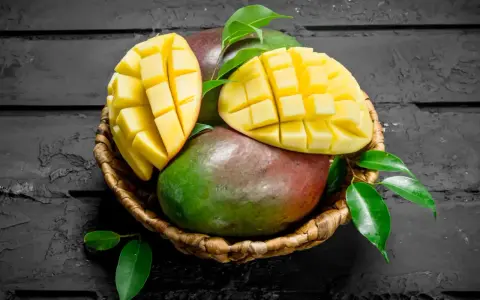 Koszyk z mango, jedno pokrojone w kostkę. Czy zastanawiasz się nad mango indeks glikemiczny?