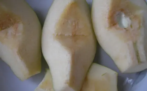 Kawałki pigwy, gotowe do przetworzenia. Ich kwaskowaty aromat sugeruje, jak smakuje pigwa – orzeźwiająco i lekko cierpko.