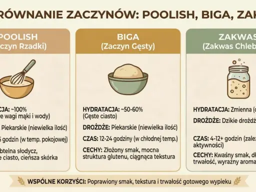 Porównanie zaczynów: poolish, biga, zakwas. Czy można mieszać mąki? Dowiedz się o różnicach w hydratacji, drożdżach, czasie i cechach.