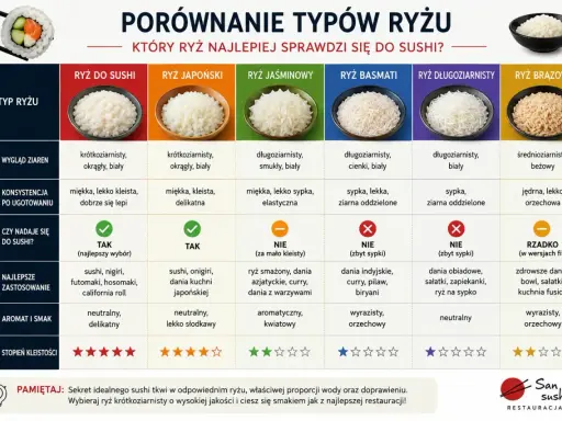 Porównanie ryżu do sushi: krótkoziarnisty, biały, kleisty - idealny wybór. Inne rodzaje ryżu do sushi, jak jaśminowy czy basmati, nie nadają się.