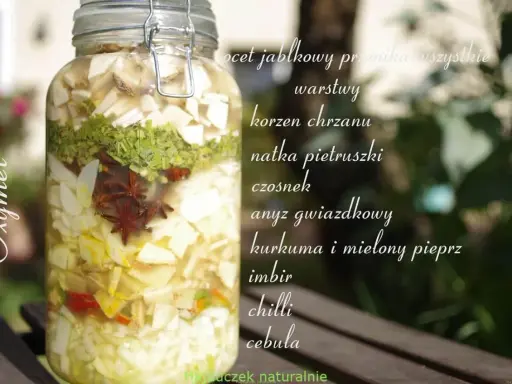 Słoik z warstwami składników do oxymelu: jabłko, chrzan, natka, czosnek, anyż, kurkuma, imbir, chilli, cebula.