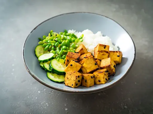 Misternie pokrojone kostki tofu, które nie zawierają glutenu, podane z ryżem, ogórkiem i zielonym groszkiem.