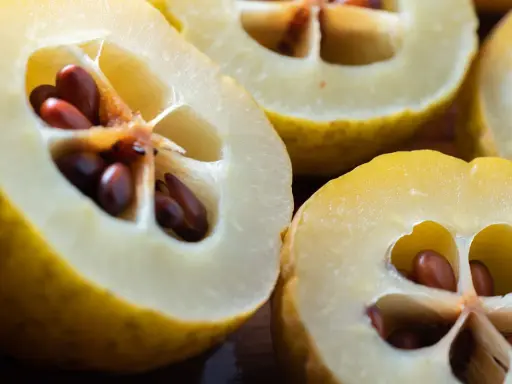 Przekrojone pigwy z brązowymi pestkami. Choć pigwa ma wiele zalet, warto pamiętać o potencjalnych skutkach ubocznych, np. pestki zawierają cyjanek.