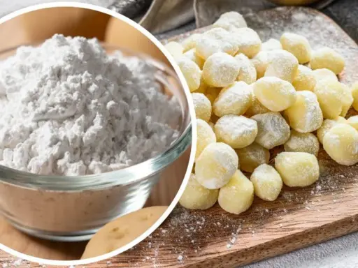 Mąka ziemniaczana w misce i gotowe kluski. Czy mąka ziemniaczana ma gluten? Nie, jest bezglutenowa.