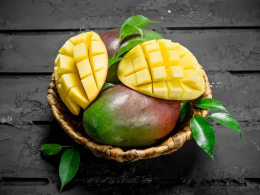 Koszyk z mango, jedno pokrojone w kostkę. Czy zastanawiasz się nad mango indeks glikemiczny?