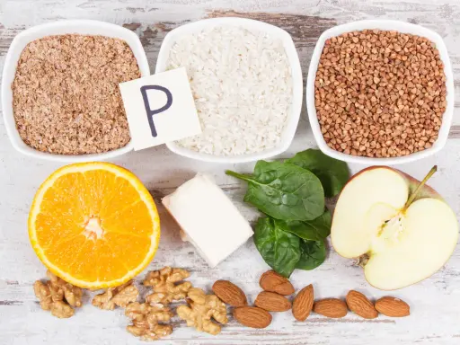 Produkty bogate w fosfor: otręby, ryż, gryka, pomarańcza, ser, szpinak, jabłko, orzechy włoskie i migdały.