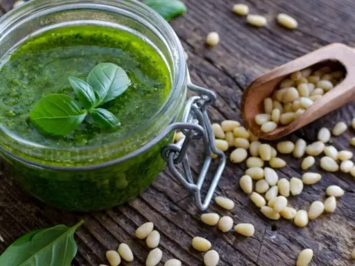 Słoik domowego pesto, świeża bazylia, czosnek i orzeszki piniowe na drewnianym blacie. Pesto co to? To aromatyczny sos idealny do makaronu.