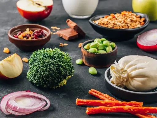 Składniki na dietę dr Budwig: brokuły, fasolka edamame, twaróg, jabłka, cebula, granola, suszone owoce, czekolada.