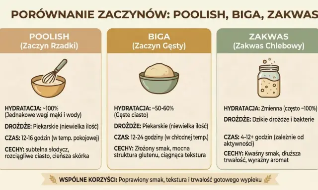 Porównanie zaczynów: poolish, biga, zakwas. Czy można mieszać mąki? Dowiedz się o różnicach w hydratacji, drożdżach, czasie i cechach.