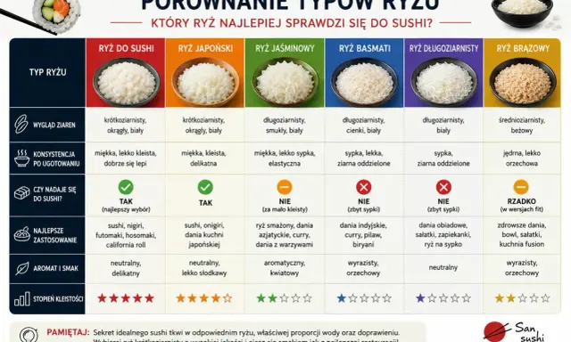 Porównanie ryżu do sushi: krótkoziarnisty, biały, kleisty - idealny wybór. Inne rodzaje ryżu do sushi, jak jaśminowy czy basmati, nie nadają się.