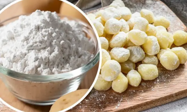 Mąka ziemniaczana w misce i gotowe kluski. Czy mąka ziemniaczana ma gluten? Nie, jest bezglutenowa.