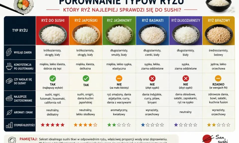 Porównanie ryżu do sushi: krótkoziarnisty, biały, kleisty - idealny wybór. Inne rodzaje ryżu do sushi, jak jaśminowy czy basmati, nie nadają się.