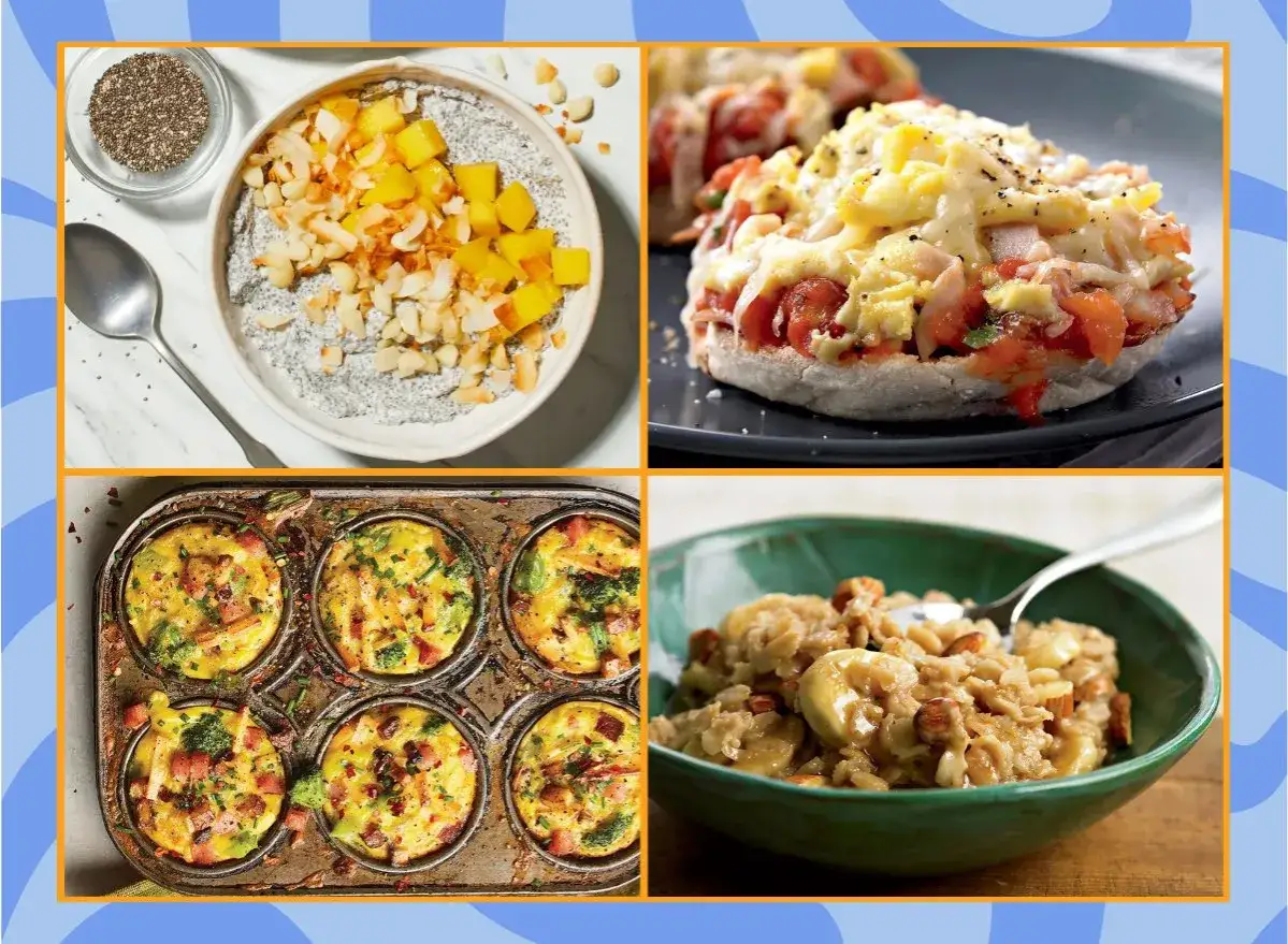 Pudding chia z mango, muffiny jajeczne z warzywami, owsianka z bananem i orzechami oraz zapiekanka na bułce &ndash; cztery pomysły na pożywne śniadanie.
