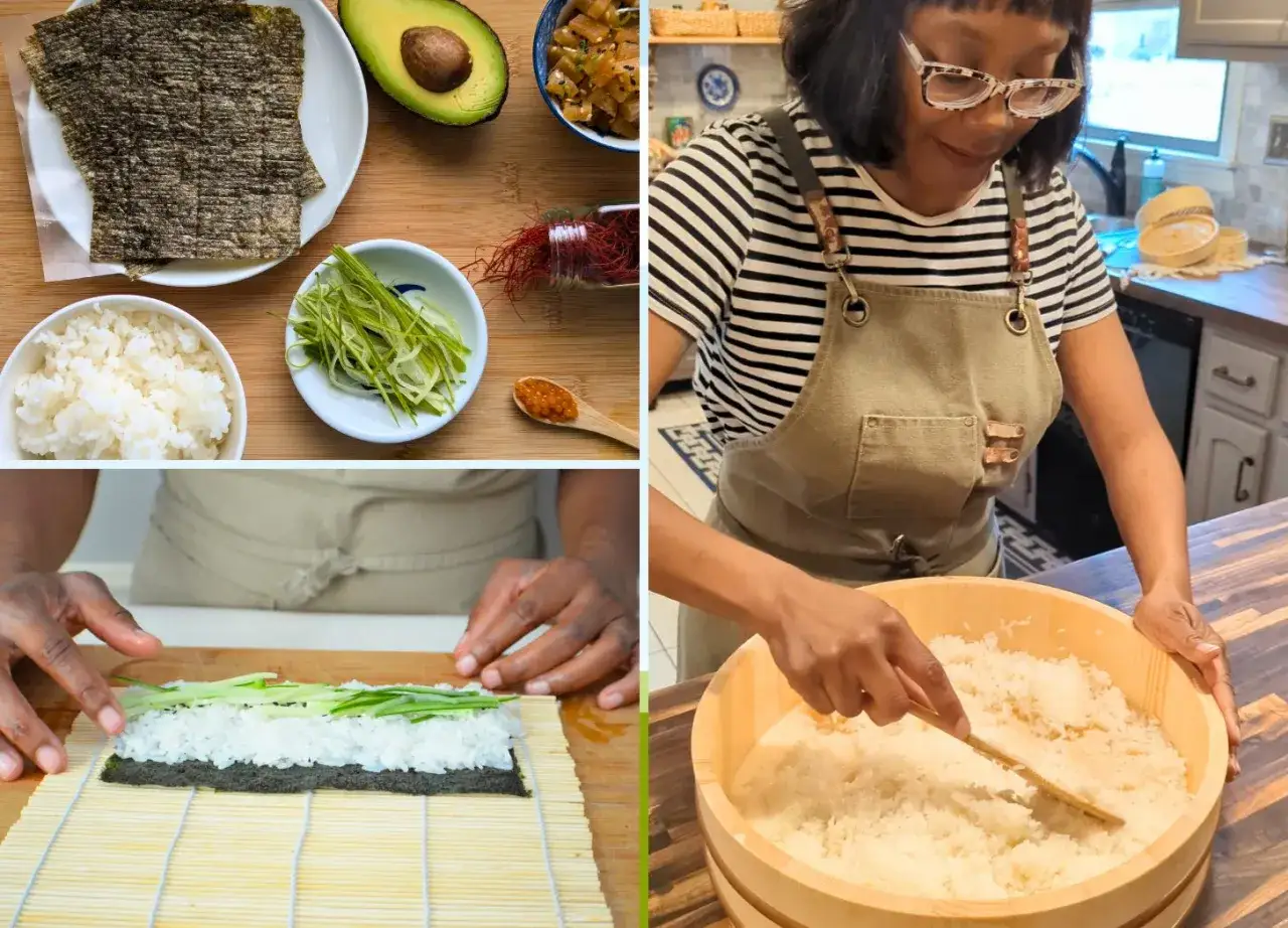 Przygotowanie ryżu do sushi: składniki i proces tworzenia rolki.