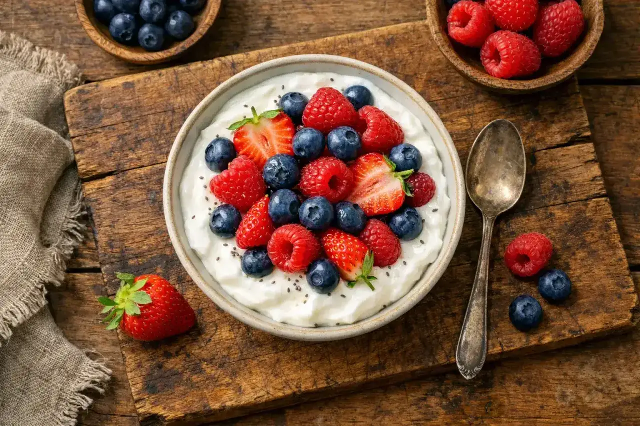 Pyszny skyr na keto z malinami, bor&oacute;wkami i truskawkami. Idealny na zdrowe śniadanie.