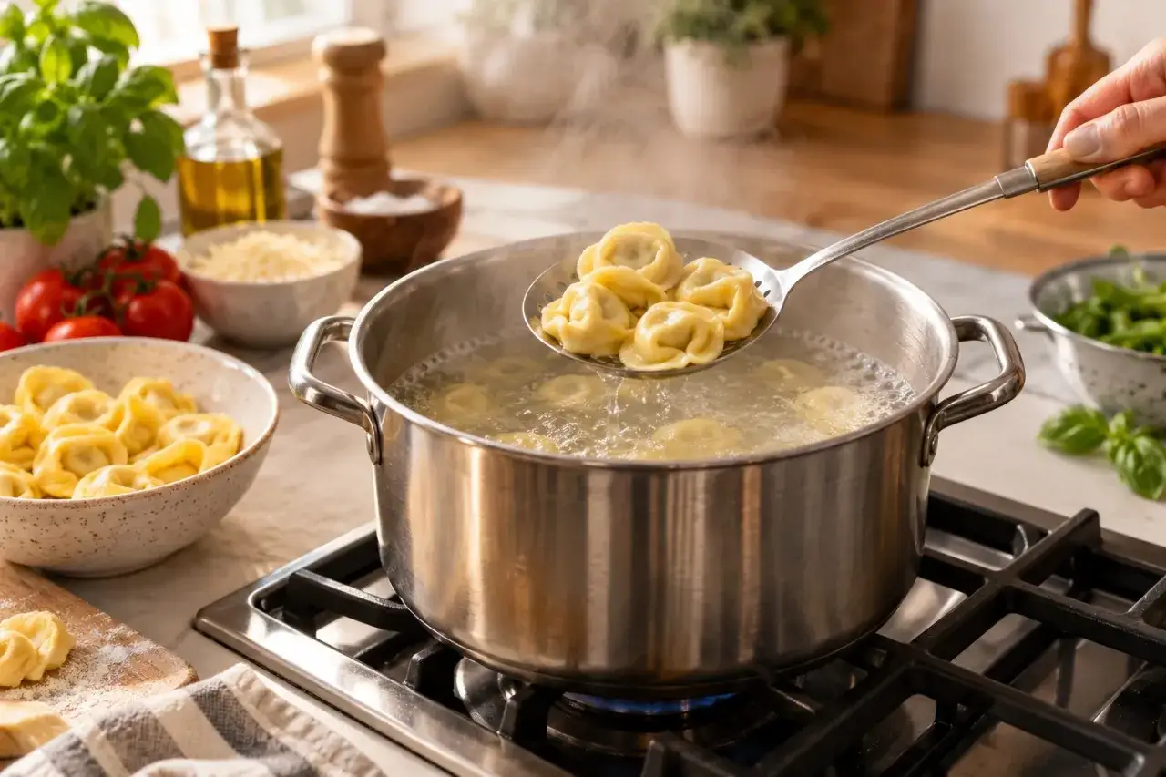Jak ugotować tortellini? Na kuchence bulgocze woda w garnku, a na łyżce cedzakowej unoszą się świeżo ugotowane pierożki.
