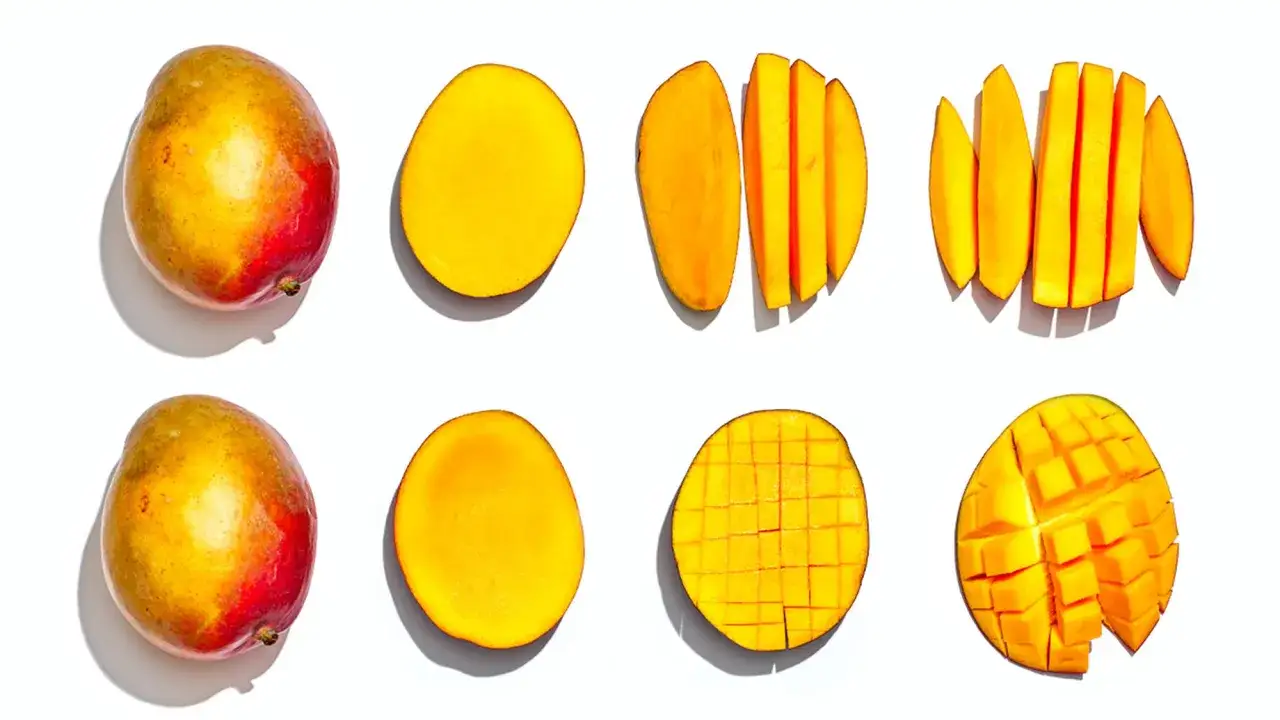 Dwa całe mango i r&oacute;żne sposoby krojenia, gdy mango jest dojrzałe: w plastry, kostkę i poł&oacute;wki.